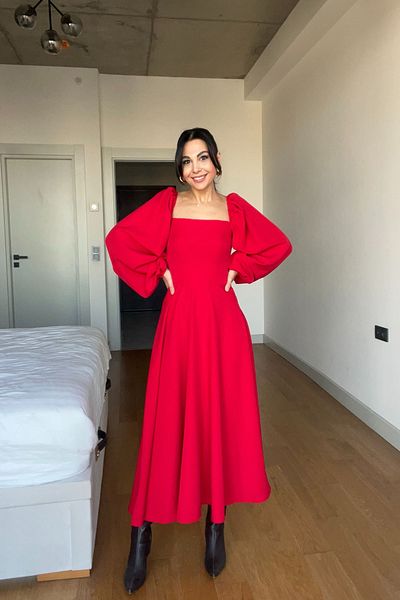 Seda Yalçın Atelier Red Zernes Balloon Sleeve Midi Dress