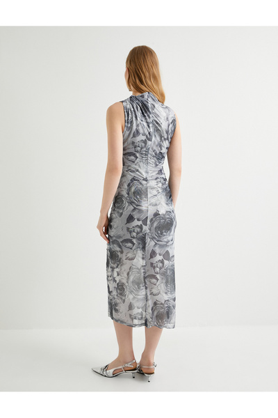 Koton Çiçekli Parlak Uzun Abiye Elbise Kolsuz Drape Detaylı Astarlı