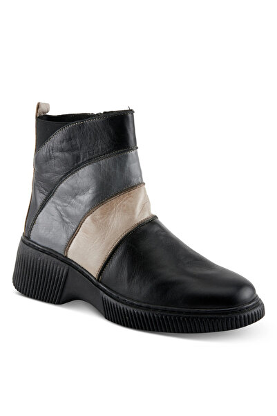 İNZE AYAKKABI Black & Gray & Ecru Genuine Leather Boots - Model Name: Moon Stone