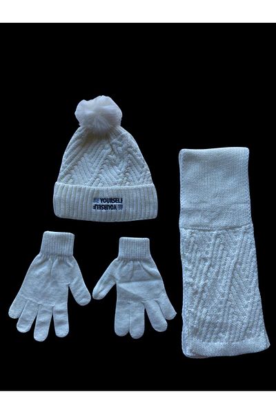 Kitti 9 -15 Years Old Girl's Beanie Inside Fleece Outside Acrylic Pompom Scarf Beanie Gloves 3-Piece Set Cream
