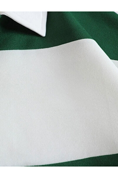 FAVORİST Unisex Oversize Polo Collar Brown Striped Sweatshirt - Half Zipper