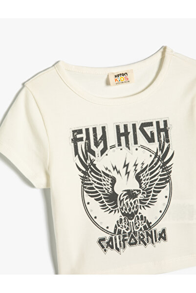 Koton Tričko Cotton Crop s potiskem Crew Neck - Krátký rukáv