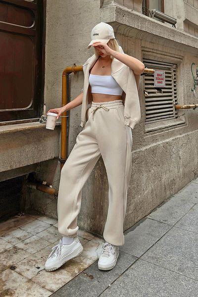 Swist Beigefarbene Pawis Damen-Jogginghose mit hoher Taille, elastischem Bein und gerippter Innenseite