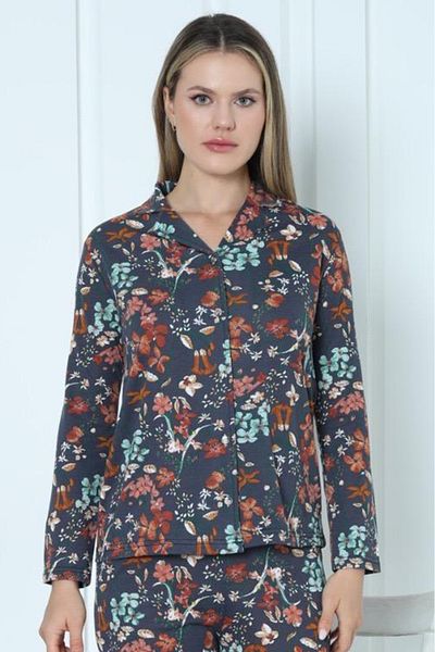 ERDENİZ TEKSTİL Set pijama de damă din bumbac / cu mânecă lungă, cu nasturi în față