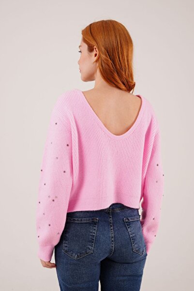 LOKADI Kadın Sırt Detay Taşlı Triko Kazak