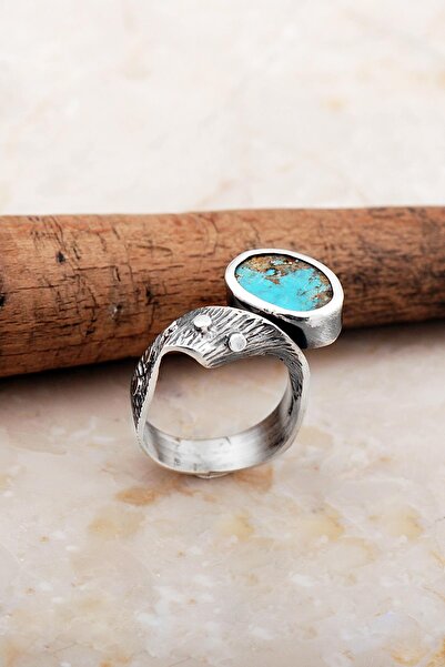 Sümer Telkari Turkuaz Taşlı Çekiç Dövme Elişi Tasarım Gümüş Yüzük 5830