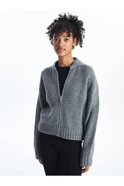 LC Waikiki Gray College Collar Plain Long Sleeve Women's Knitwear Cardigan