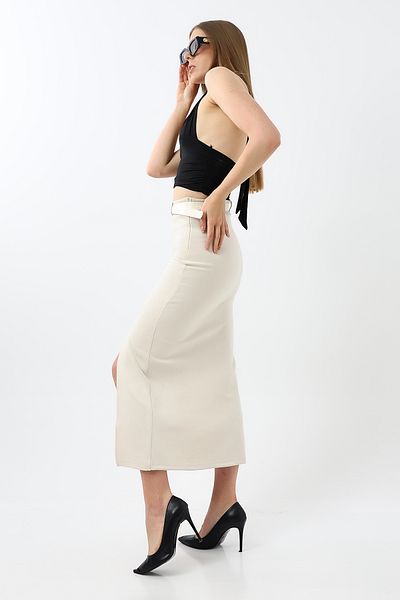 winmoda 92 cm Maxi Length Ecru Suede Skirt - Suede Skirt with Front Slit