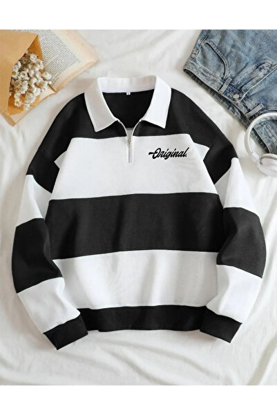 FAVORİST Unisex Oversize Polo Collar Brown Striped Sweatshirt - Half Zipper