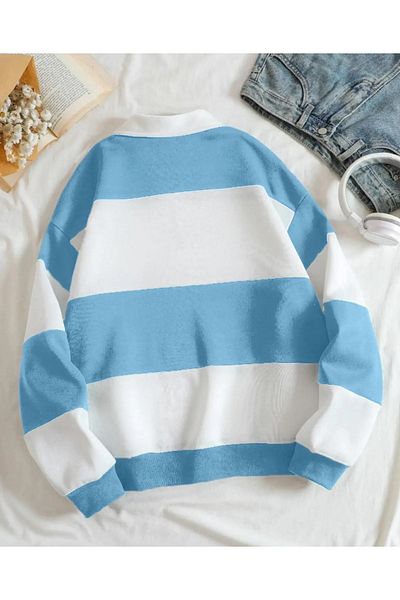FAVORİST Hanorac unisex oversize cu gât polo cu dungi maro - cu jumătate de fermoar