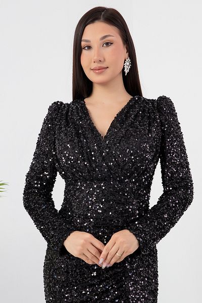 PULLIMM Double Breasted Collar Long Sleeve Sequin Dress Ecr5393