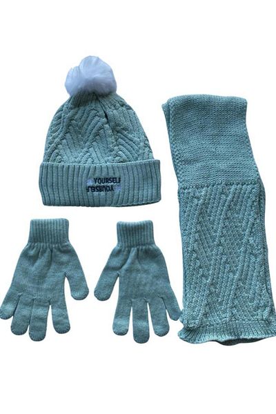 Kitti 3-Piece Beanie Set with Aqua Green Acrylic Pompom for 9-15 Years Old Girls - Non-Fleece