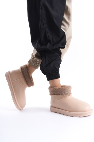 Moda Değirmeni Αδιάβροχες γούνινες μπεζ γυναικείες άνετες μπότες βροχής Bg1200-116-0001