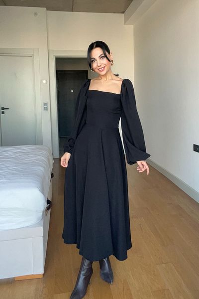 Seda Yalçın Atelier Black Zernes Balloon Sleeve Midi Dress