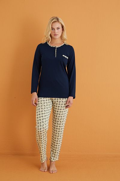 Siyah İnci Navy Blue Green Buttoned Pocket Knitted Pajama Set