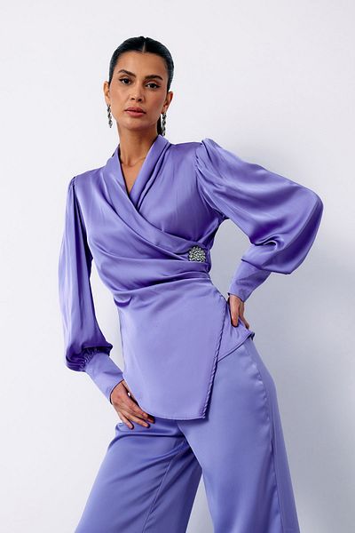 Sateen Lila Double Breasted Blouse with Brooch