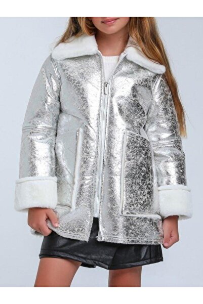 Escabel Kız Çocuk Gümüş Parlak Kumaş İçi Peluş Detaylı Tasarım Mont