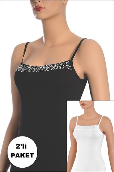 NİSYVE Black and White 2 Pack Viscose Stone Strappy Cotton Women's Tank Top
