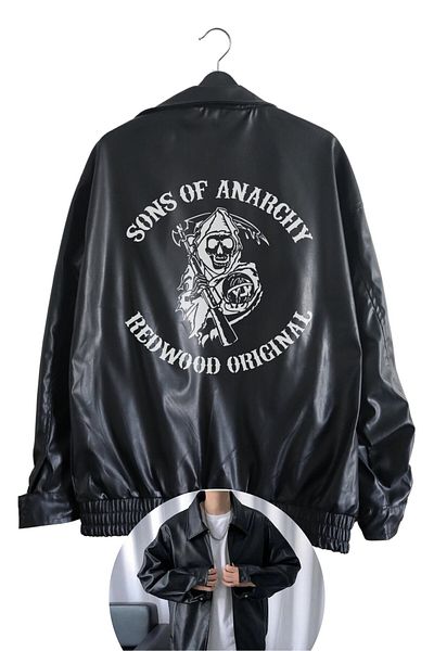 Fuddy Moda Sons of Anarchy Printed Unisex Black Leather Jacket - Oversize Streetwear
