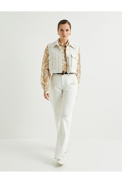 Koton Gold Buttoned Crop Tweed Vest - Pocket Detail