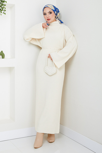 ModaMerve Stone Color Pearl Knitwear Dress - 8060Hbs932-M