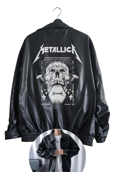 Fuddy Moda Μαύρο δερμάτινο μπουφάν με στάμπα Metallica - Unisex Rock Metal Λεπτομερή Streetwear