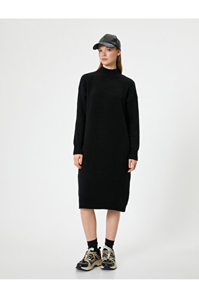 Koton Triko Elbise Midi Dik Yaka Uzun Kollu Relax Fit