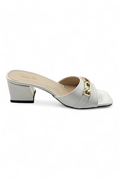 Melen Shoes White Chain Detailed Soigné Heeled Slippers