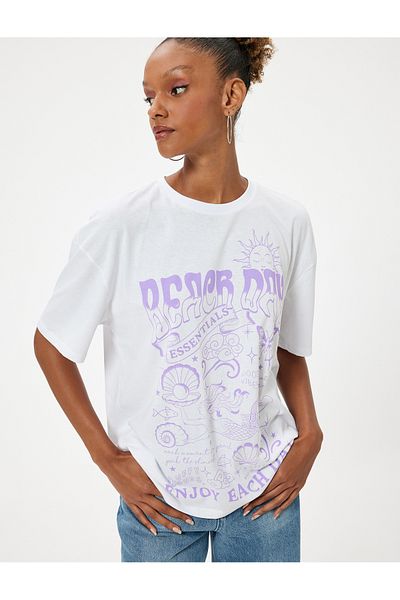 Koton Cotton Oversize T-Shirt - Crew Neck, Back Printed, Short Sleeve