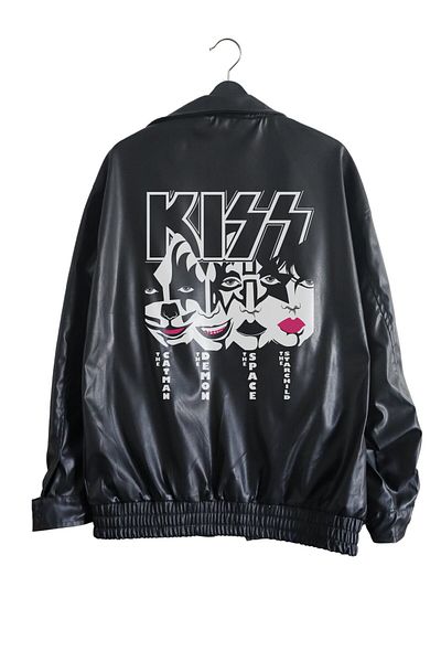 Fuddy Moda Черно кожено яке с принт Kiss - Унисекс рок група с принт Oversize Streetwear