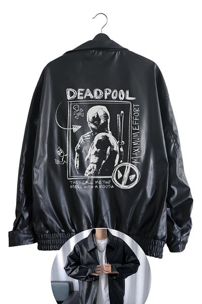 Fuddy Moda Deadpool Oversize Printed Unisex Δερμάτινο Μπουφάν - Streetwear με Μαύρη Φόδρα
