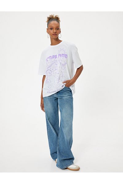 Koton Cotton Oversize T-Shirt - Crew Neck, Back Printed, Short Sleeve