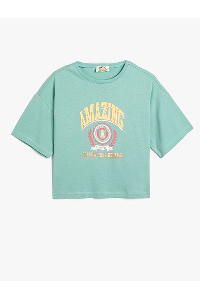 Koton Tricou crop cu decolteu - Slogan imprimat, bumbac, mânecă scurtă