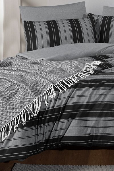 MyStory Home Dvojitá sada povlaků na přikrývku s elastickým prostěradlem, pruhovaná černá