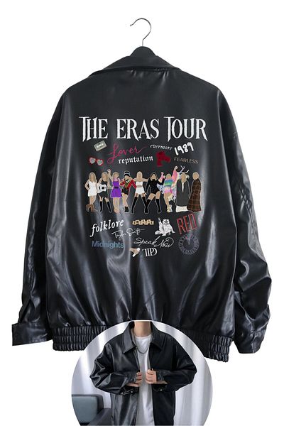 Fuddy Moda Taylor Swift Printed Oversize Δερμάτινο Μπουφάν - Μαύρη Φόδρα, The Eras Tour Printed