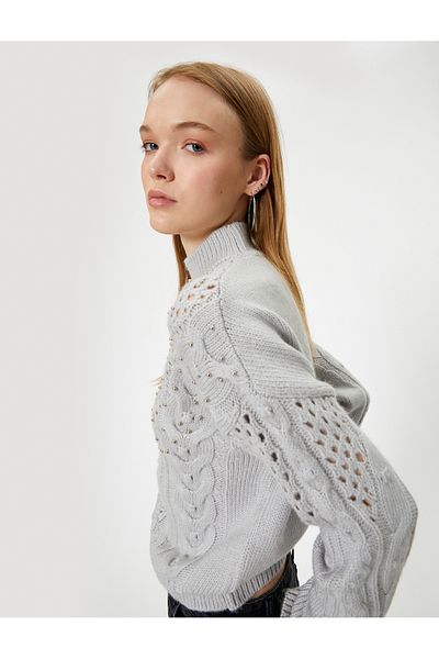 Koton Bead Embroidered Openwork Knitwear Sweater - Stand Collar