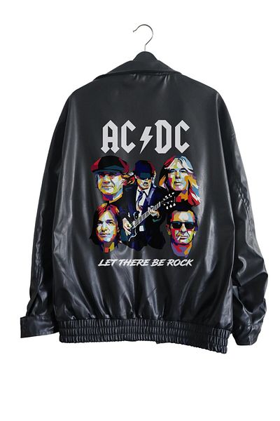 Fuddy Moda Черно кожено яке с щампа AC-DC - унисекс рок метъл принт стрийт облекло