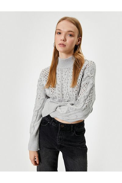 Koton Bead Embroidered Openwork Knitwear Sweater - Stand Collar
