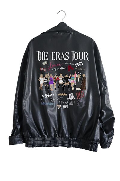 Fuddy Moda Taylor Swift Printed Oversize Δερμάτινο Μπουφάν - Μαύρη Φόδρα, The Eras Tour Printed