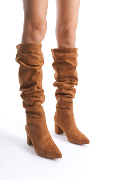 Shoesers Kadın Körüklü Tasarım Kalın Topuklu Sivri Burunlu Taba Süet Çizme (Bir Beden Büyük Alınız)