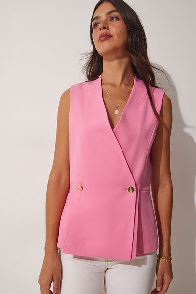 Lovelyİstanbul Pink Double-Breasted Woven Vest - Buttoned, Lwf0008