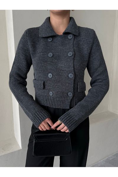 Laluvia Antracitový kardigan Polo límec s osmi knoflíky