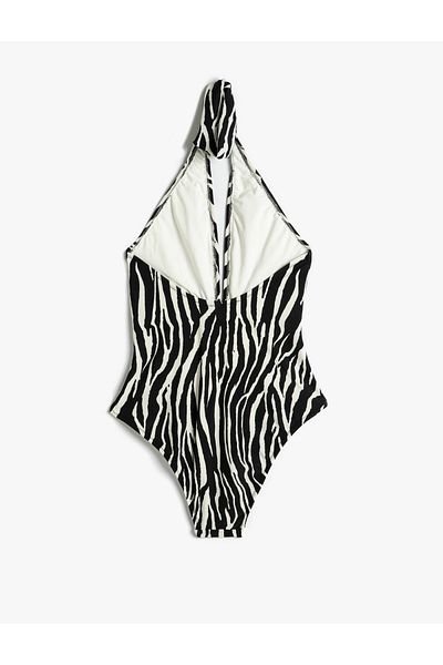 Koton Neckholder-Badeanzug mit Zebramuster – tiefer V-Ausschnitt und Fensterdetail