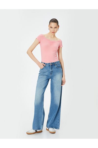 Koton Off-The-Shoulder Body Lace Detailed Draped Short Sleeve Slim Fit