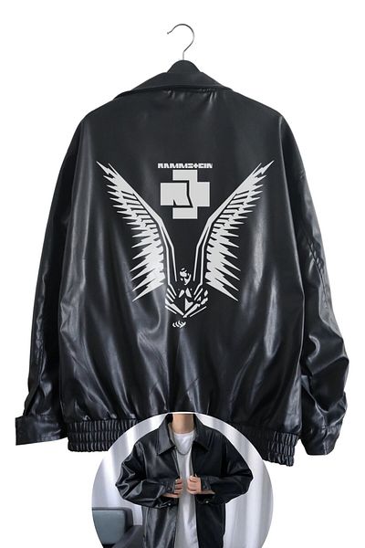 Fuddy Moda Черно кожено яке с щампа Rammstein - унисекс, голям размер, стрийт облекло