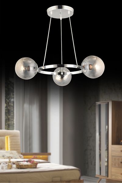 SONSUZ AYDINLATMA&AVİZE Infinite Chrome 3-Piece Ring Smoked Globe Glass Modern Chandelier