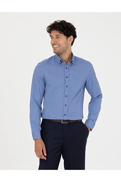 Pierre Cardin قميص أزرق داكن بقصة ضيقة وأكمام طويلة 50275815 -VR033