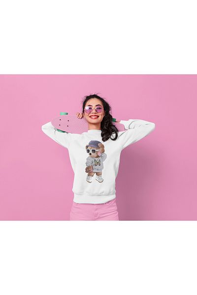 SUNFREE Teddy Bear Printed Φούτερ - Ψηφιακή στάμπα Oversize Λευκό Γυναικείο Φούτερ