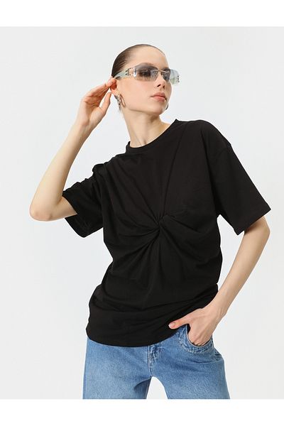 Koton Crew Neck Long Comfortable Fit - Short Sleeve T-Shirt with Knot Detail