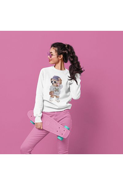 SUNFREE Teddy Bear Printed Φούτερ - Ψηφιακή στάμπα Oversize Λευκό Γυναικείο Φούτερ